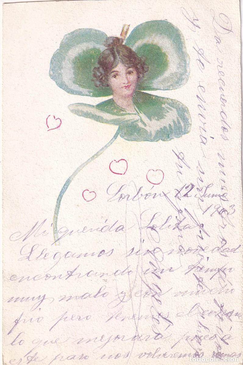 Postales: Postal ilustrada mujer tr&eacute;bol y corazones. Reverso sin divir.