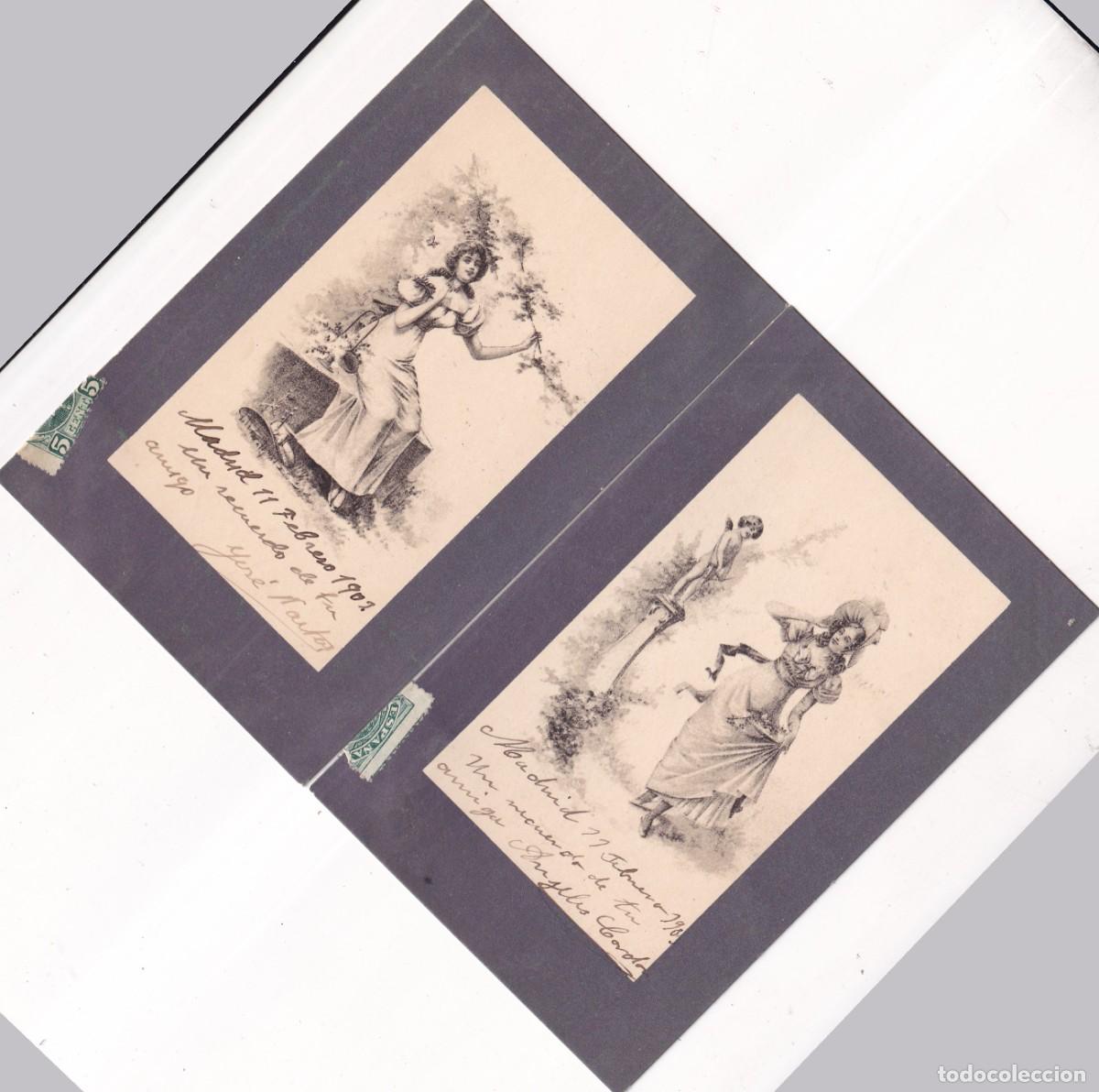 Postales: 2 postales ilustradas, mujer con &aacute;ngel cupido y mujer sentada. Reverso sin dividir. BKWI 794 - 3 y 5