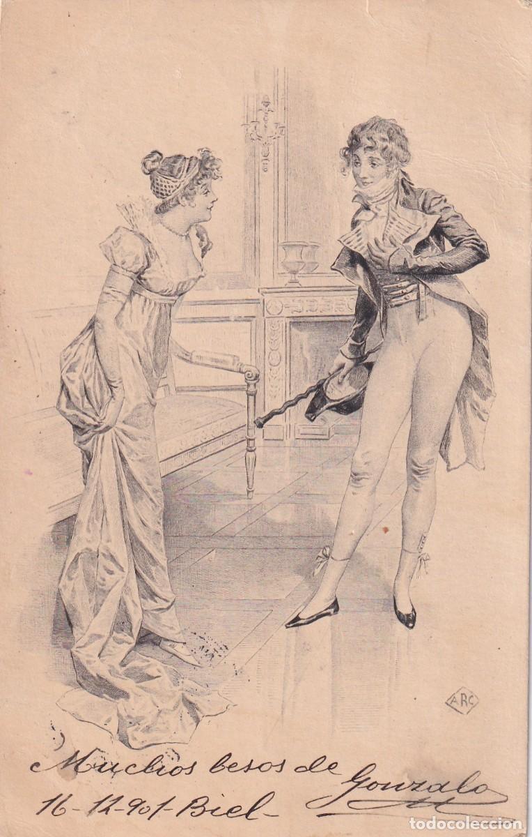 Postales: Postal ilustrada. Pareja galante. Estafeta de cambio. Circulada reverso sin dividir. Sello desprendi