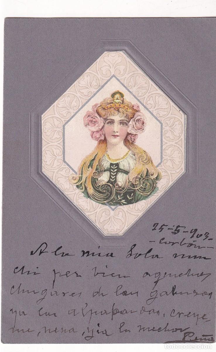 Postales: Postal ilustrada mujer modernista. Reverso sin dividir. Relieve. Sin circular.