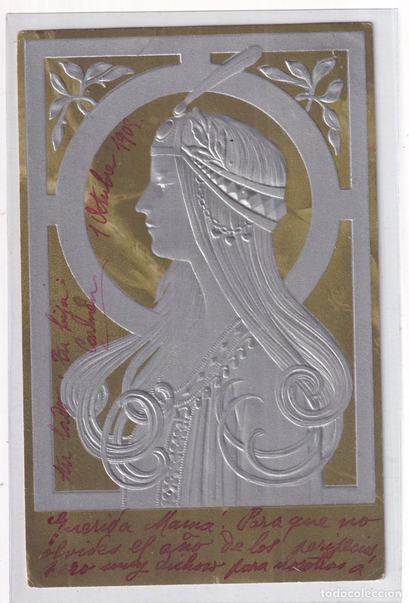 Postales: Postal ilustrada mujer modernista. Reverso sin dividir. Relieve. Circulada. Sello desprendido.