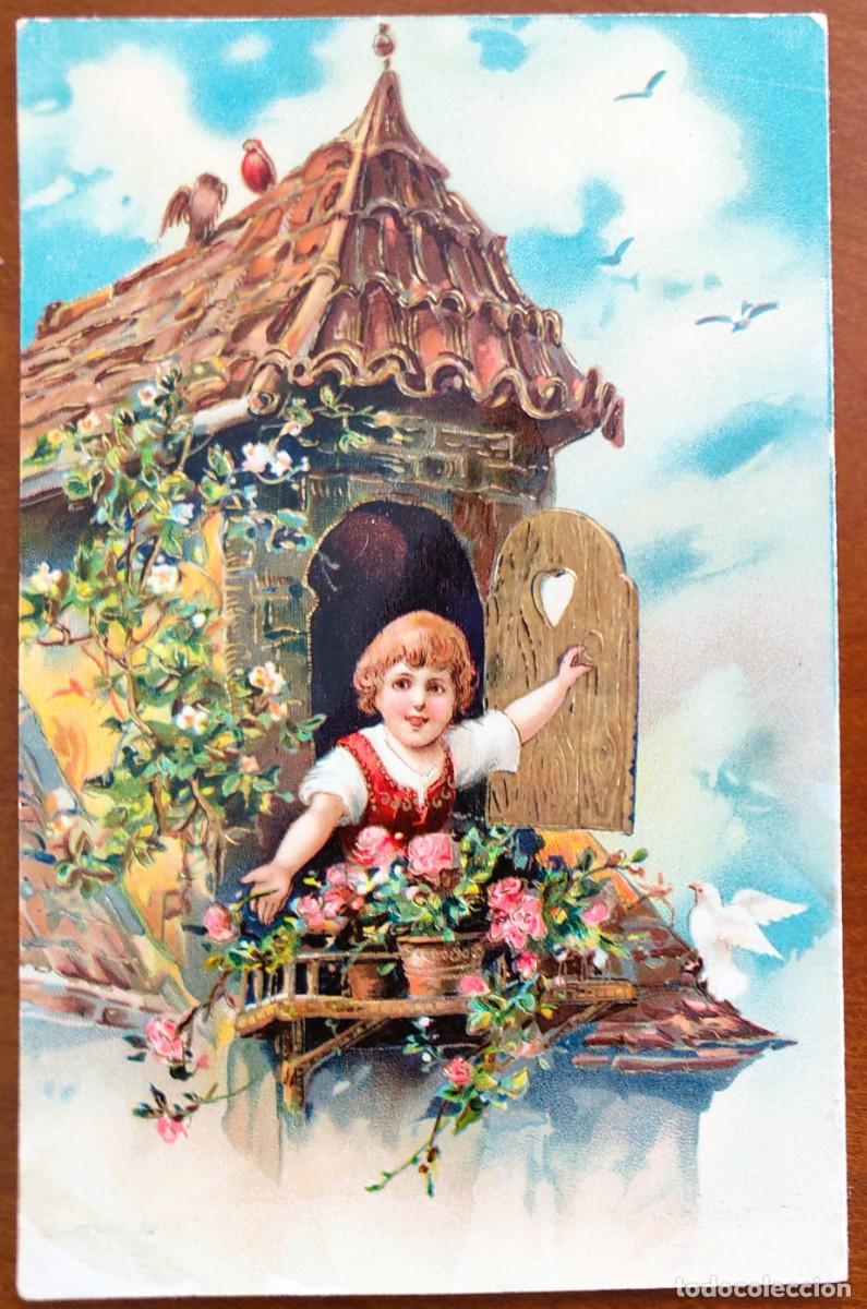 Postales: POSTAL MUY ANTIGUA NI&Ntilde;A SOMADA AL TEJADO CON FLORES - PFB 9193 GEL. BRILLANT