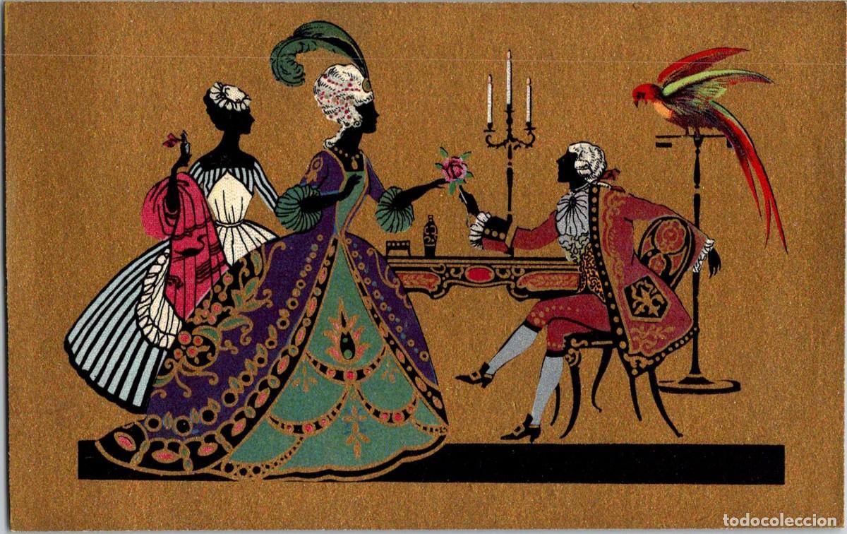 Postales: Silueta - Estilo Rococ&oacute; - Ballerini & Fratini 455/1 - Fondo Dorado y Coloreada - 138x86mm
