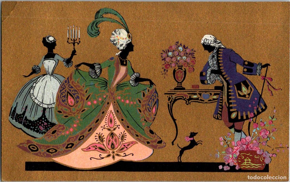 Postales: Silueta - Estilo Rococ&oacute; - Ballerini & Fratini 455/2 - Fondo Dorado y Coloreada - 138x87mm