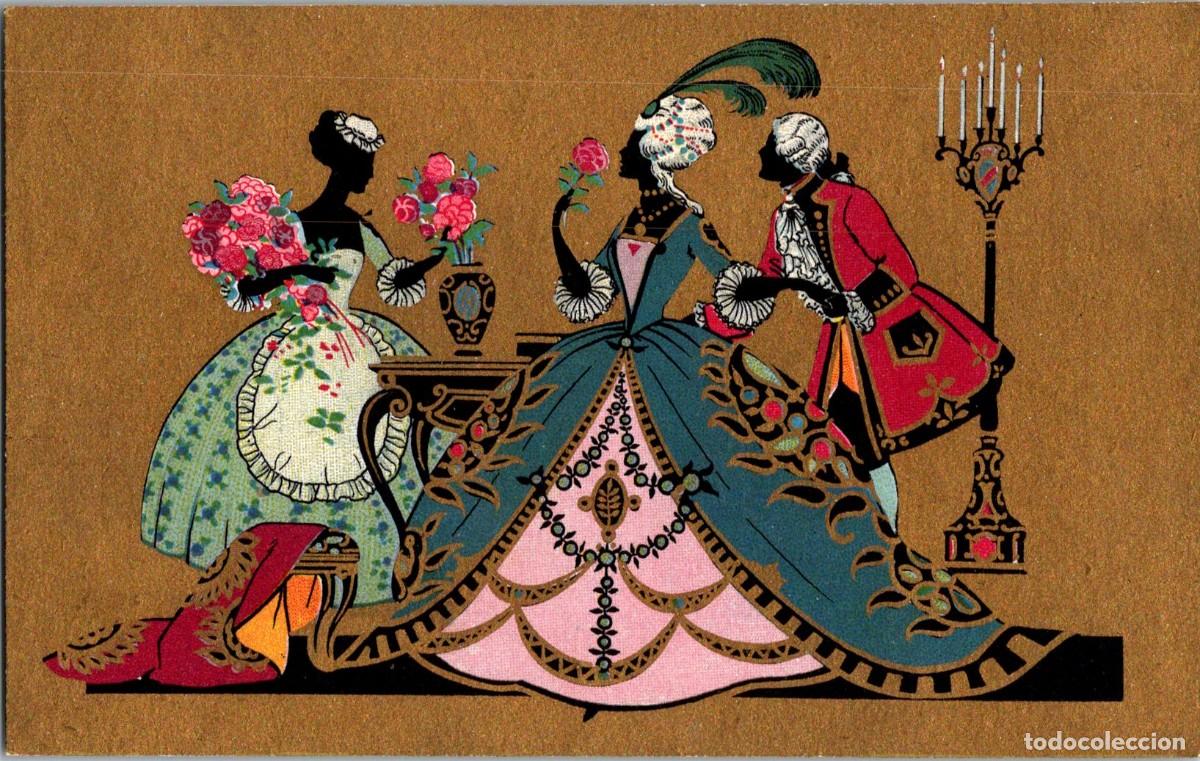 Postales: Silueta - Estilo Rococ&oacute; - Ballerini & Fratini 455/3 - Fondo Dorado y Coloreada - 138x87mm