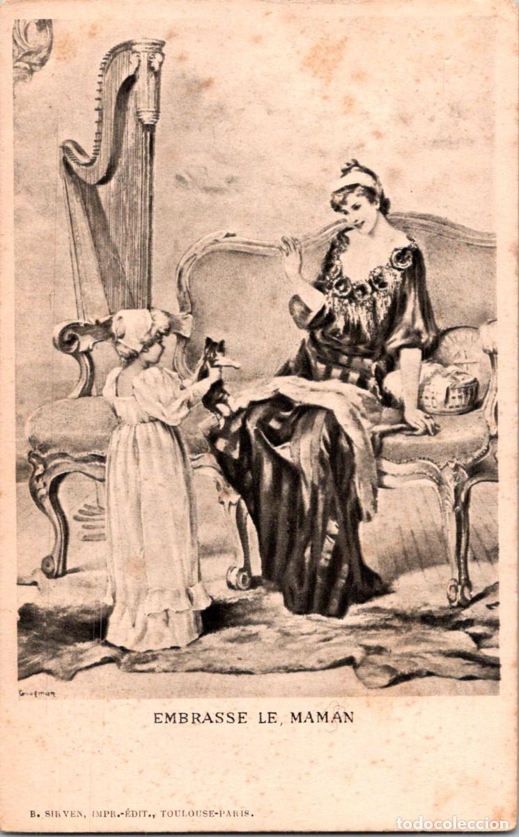 Postales: Embrasse le, maman - Dale un beso, mam&aacute; - Postal Francesa sin dividir - Ni&ntilde;a con Gatito - Gran Arpa