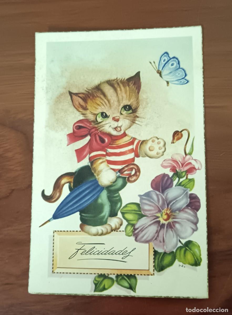 Postales: POSTAL FELICITACI&Oacute;N CON MOTIVO FLORAL Y GATO N&ordm; 2049 A&Ntilde;O 1958 ESCRITA 13,5X9 CM.