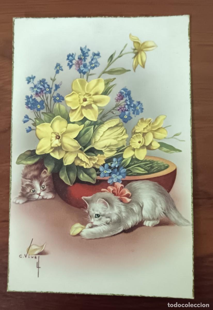 Postales: POSTAL CON MOTIVO FLORAL Y GATOS ILUSTRADA POR C. VIVES CYZ N&ordm; 593 ESCRITA 13,5X9 CM.