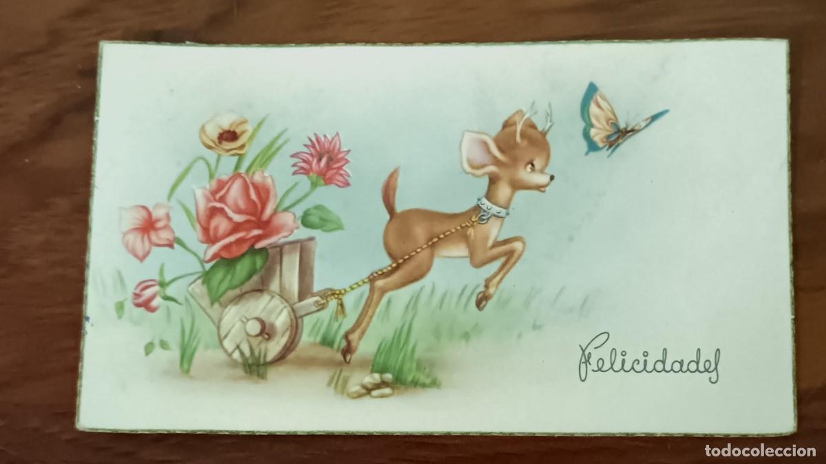 Postales: POSTAL FELICITACI&Oacute;N CON MOTIVO FLORAL Y ANIMAL A&Ntilde;O 1958 ESCRITA 11X6 CM.