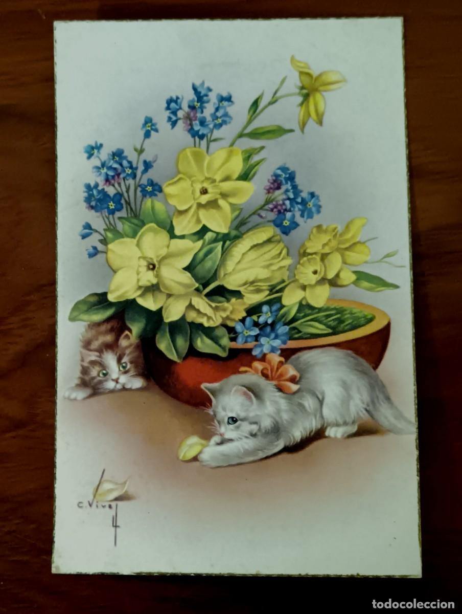 Postales: POSTAL CON MOTIVO FLORAL Y GATO ILUSTRADA POR C. VIVES CYZ N&ordm; 593 A&Ntilde;O 1955 ESCRITA 13,5X8,5 CM.