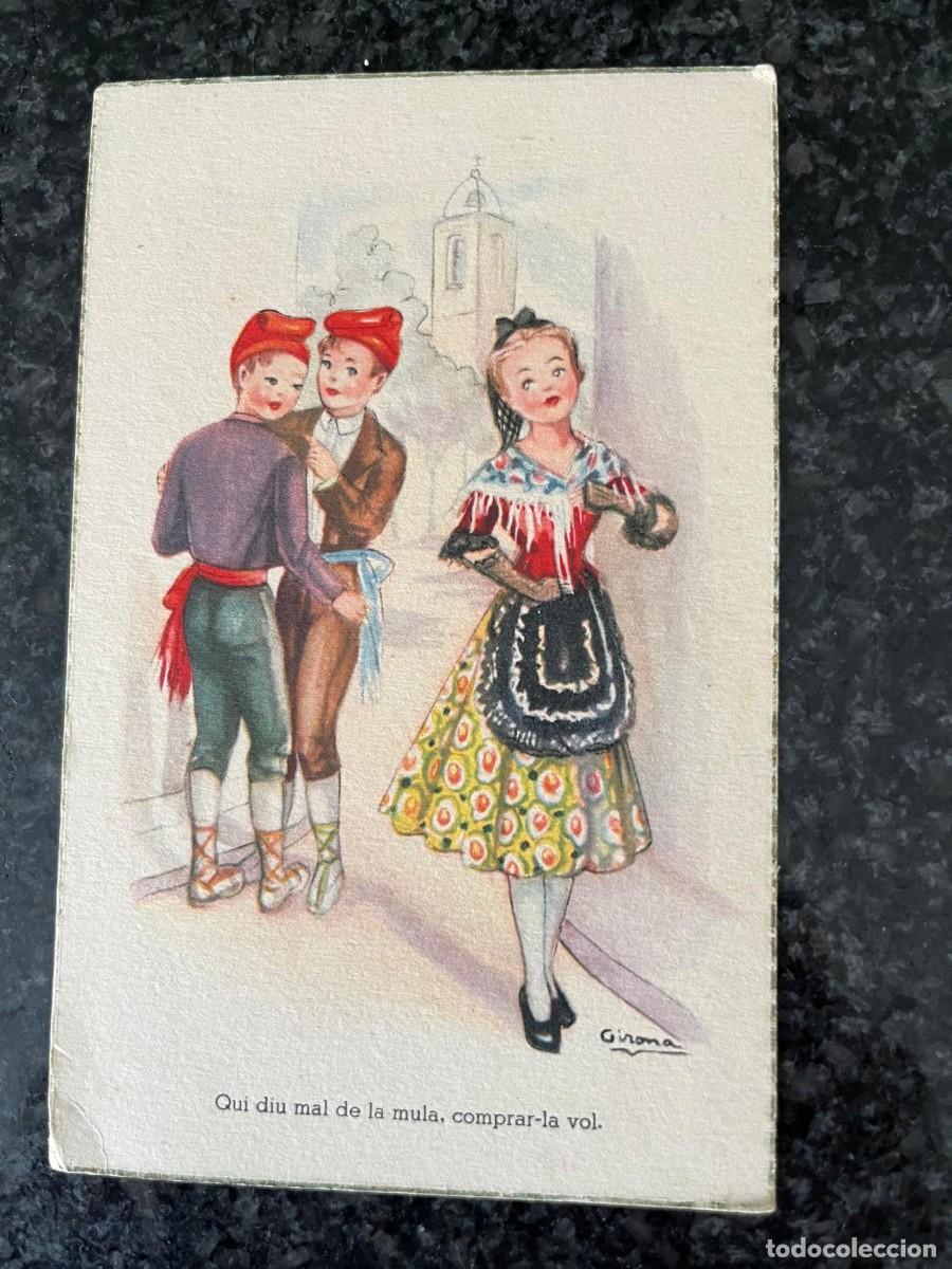 Postales: Adagis populars dibujo Girona con barretinas escrita
