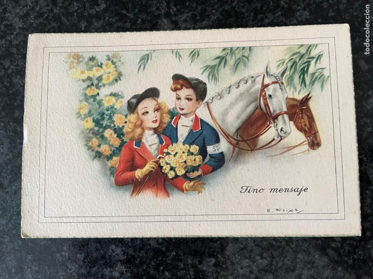 Postales: pareja con caballo escrita 1955