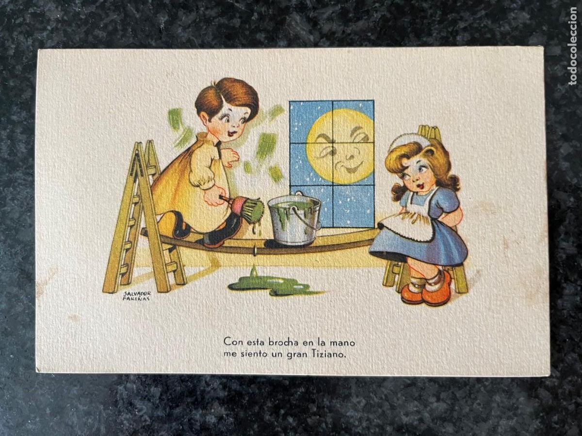 Postales: pareja de ni&ntilde;os pintando dibujo rafael Fari&ntilde;as escrita