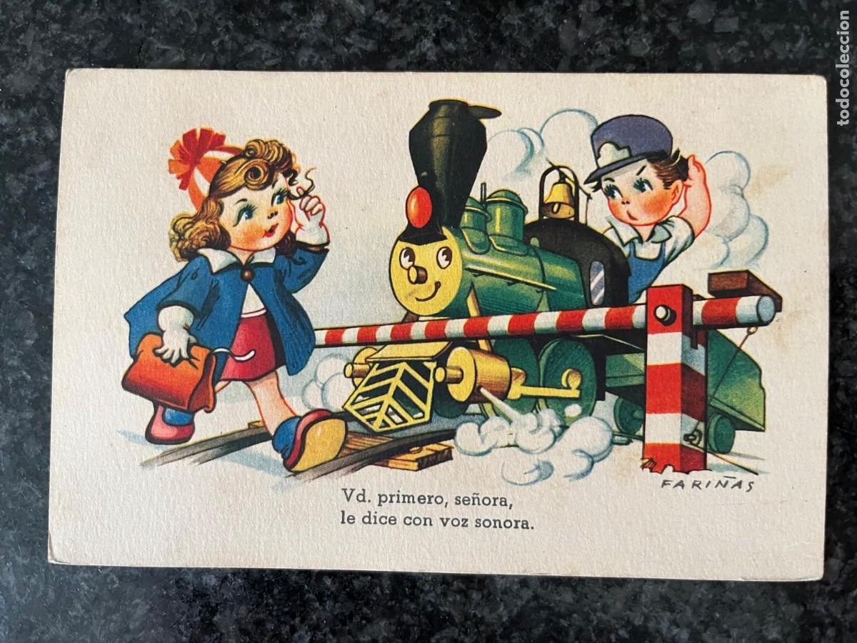 Postales: pareja ni&ntilde;os llevando tren escrita dibujo Fari&ntilde;as