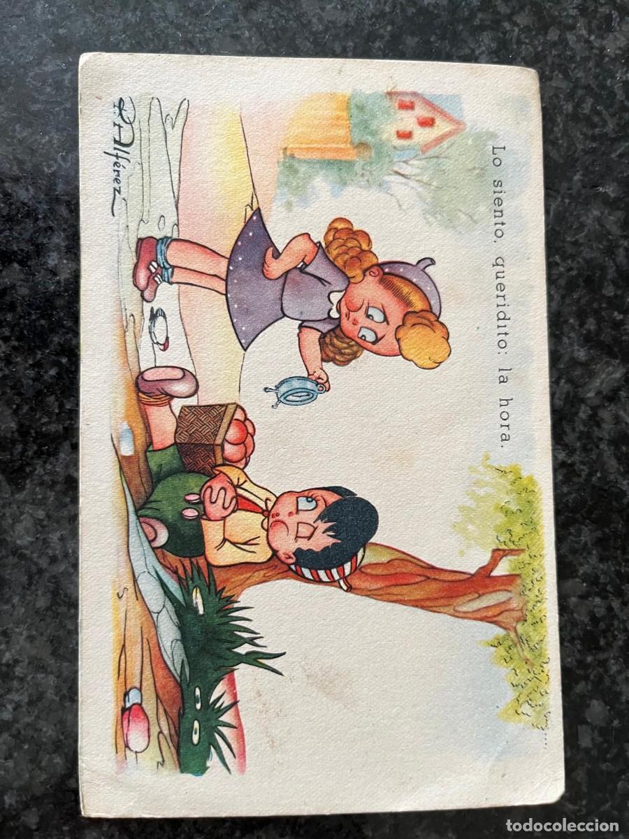 Postales: pareja de ni&ntilde;os con un reloj dibujo alf&eacute;rez escrita