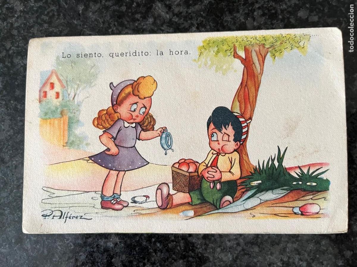 Postales: pareja de ni&ntilde;os con un reloj dibujo alf&eacute;rez escrita