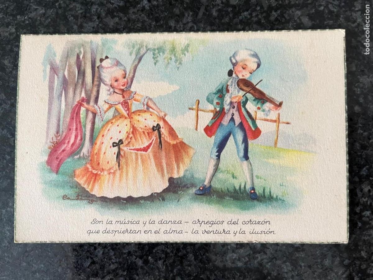 Postales: pareja de ni&ntilde;os bailando y tocando el viol&iacute;n escrita