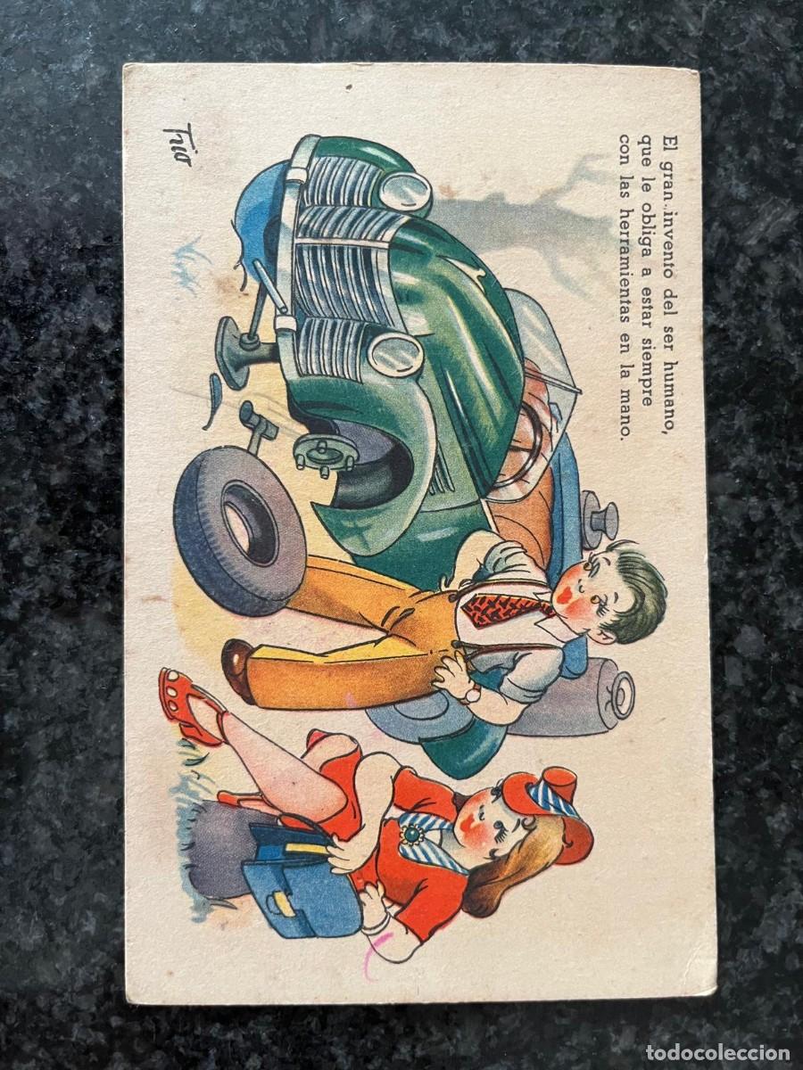 Postales: pareja de ni&ntilde;os cambiando la rueda del coche escrita
