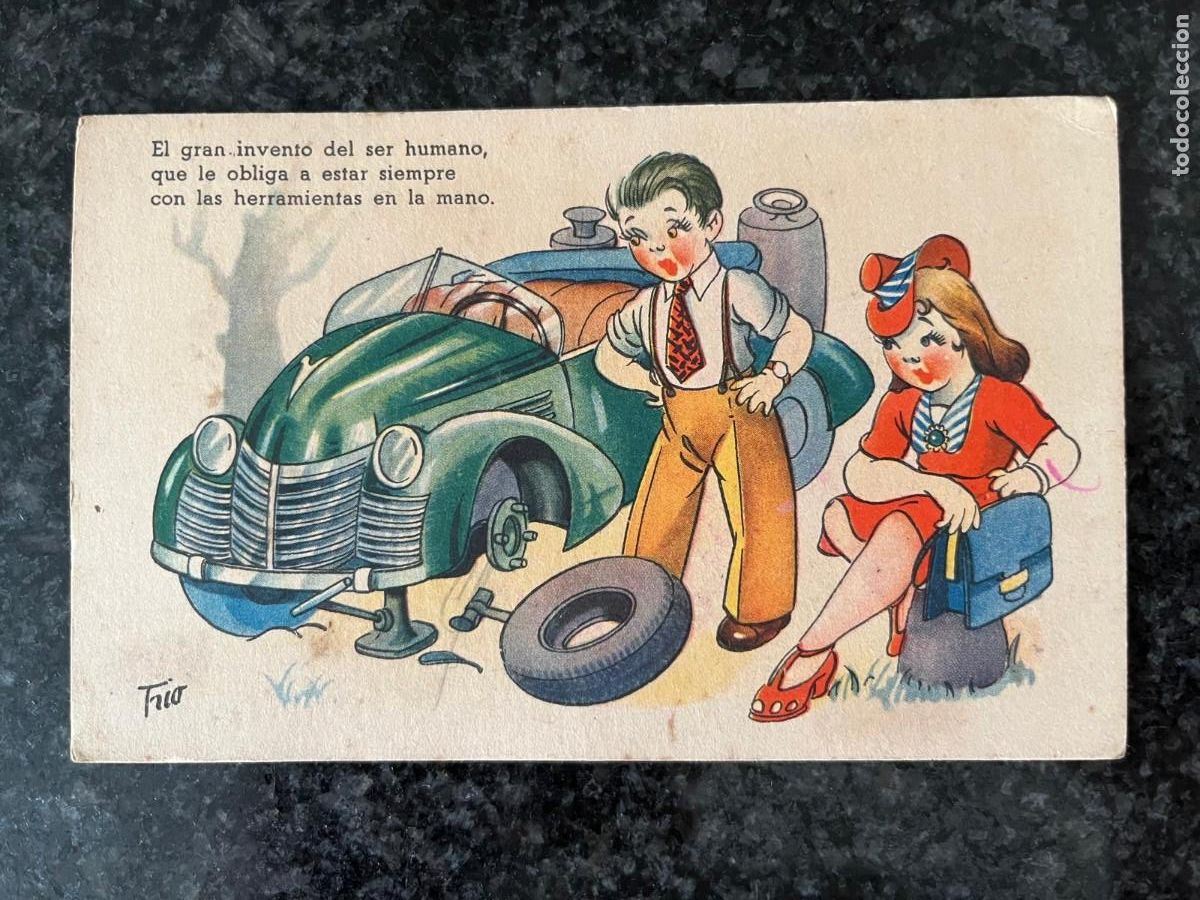 Postales: pareja de ni&ntilde;os cambiando la rueda del coche escrita