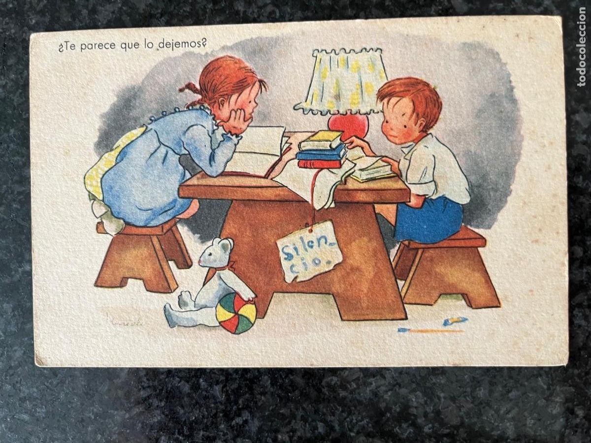 Postales: postal dos ni&ntilde;os estudiando con cartel de silencia escrita 1945
