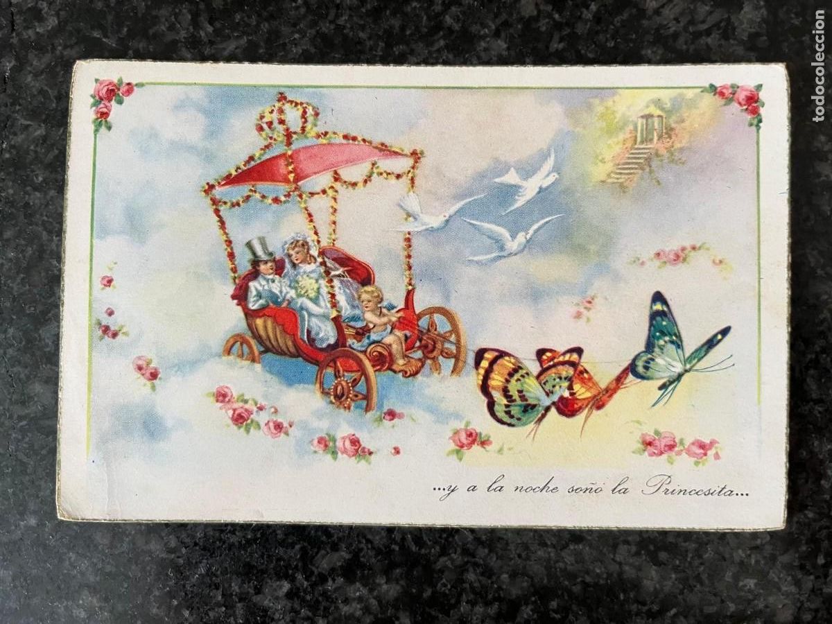 Postales: postal carroza estirada por mariposas escrita 1950