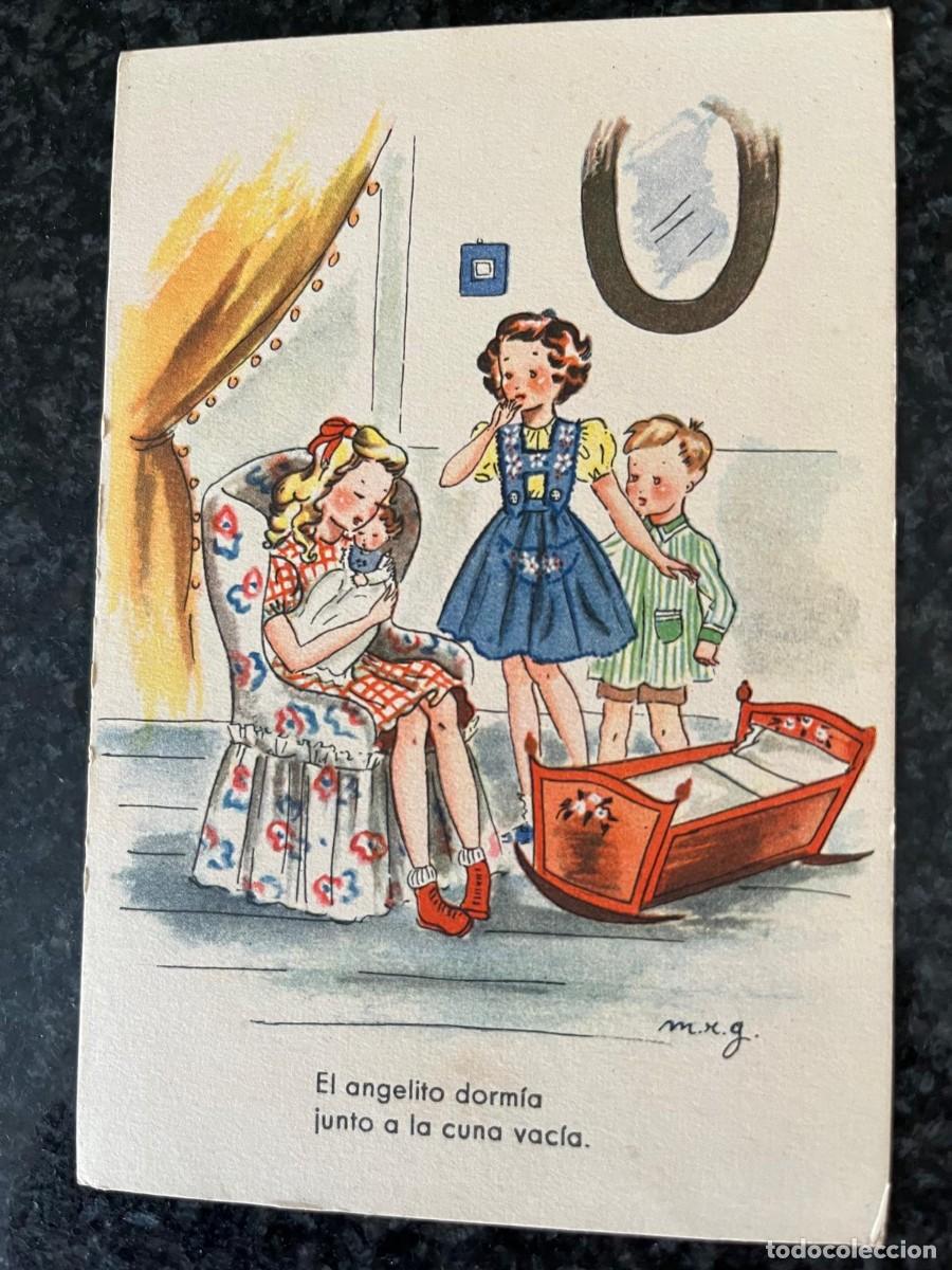 Postales: ni&ntilde;os con una cuna escrita 1947