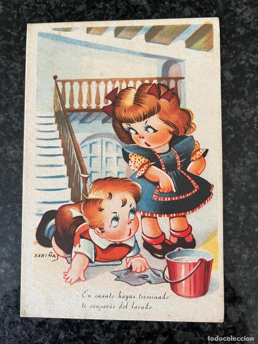 Postales: ni&ntilde;os limpiando la escalera dibujo Fari&ntilde;a escrita 1947