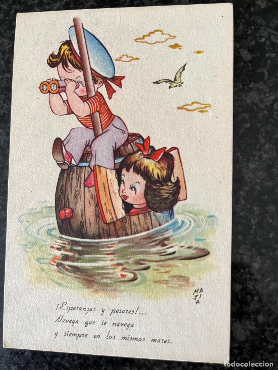 Postales: dos ni&ntilde;os con un bid&oacute;n naufragos escrita 1948