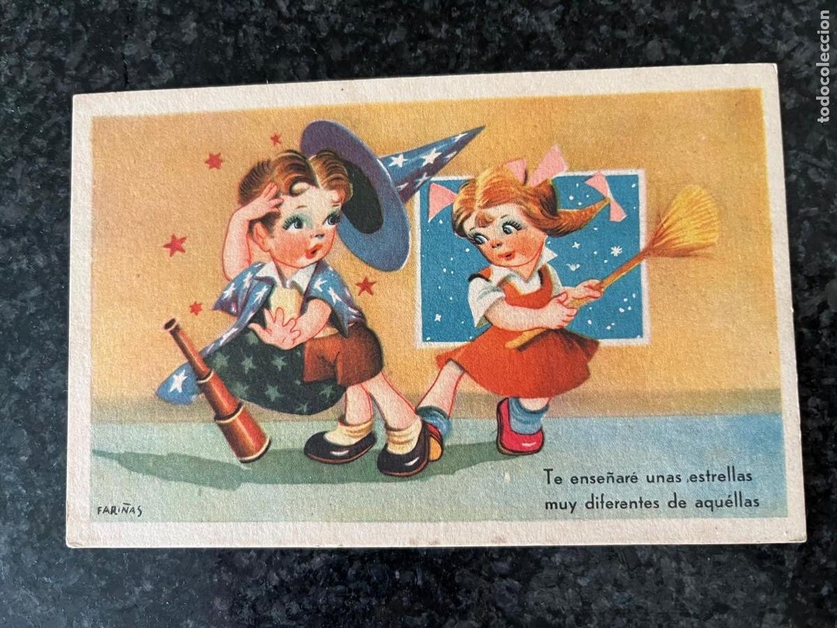 Postales: ni&ntilde;os jugando dibujo Fari&ntilde;as escrita 1947