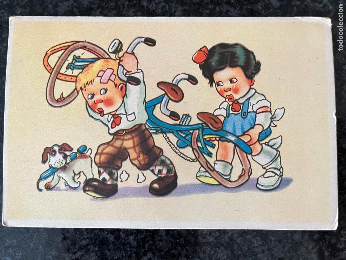 Postales: 2 ni&ntilde;os con bicicleta rota escrita 1951