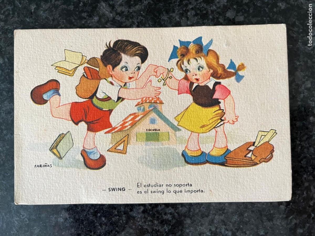 Postales: 2 ni&ntilde;os estudiando dibujo de Fari&ntilde;as escrita