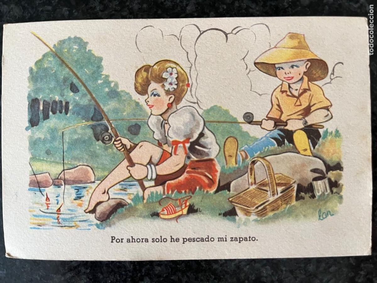 Postales: una pareja pescando escrita 1947