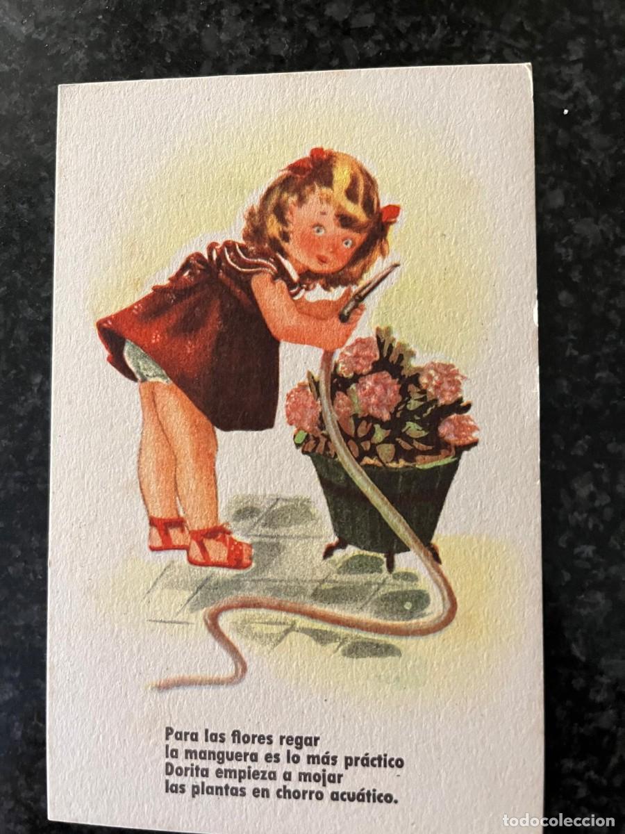 Postales: ni&ntilde;a regando plantas escrita 1954