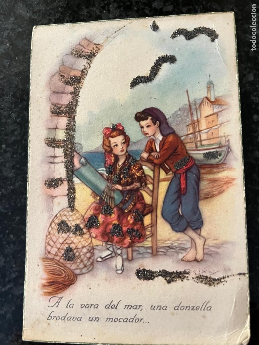 Postales: pareja pescadores bordando un pa&ntilde;uelo escrita 1951