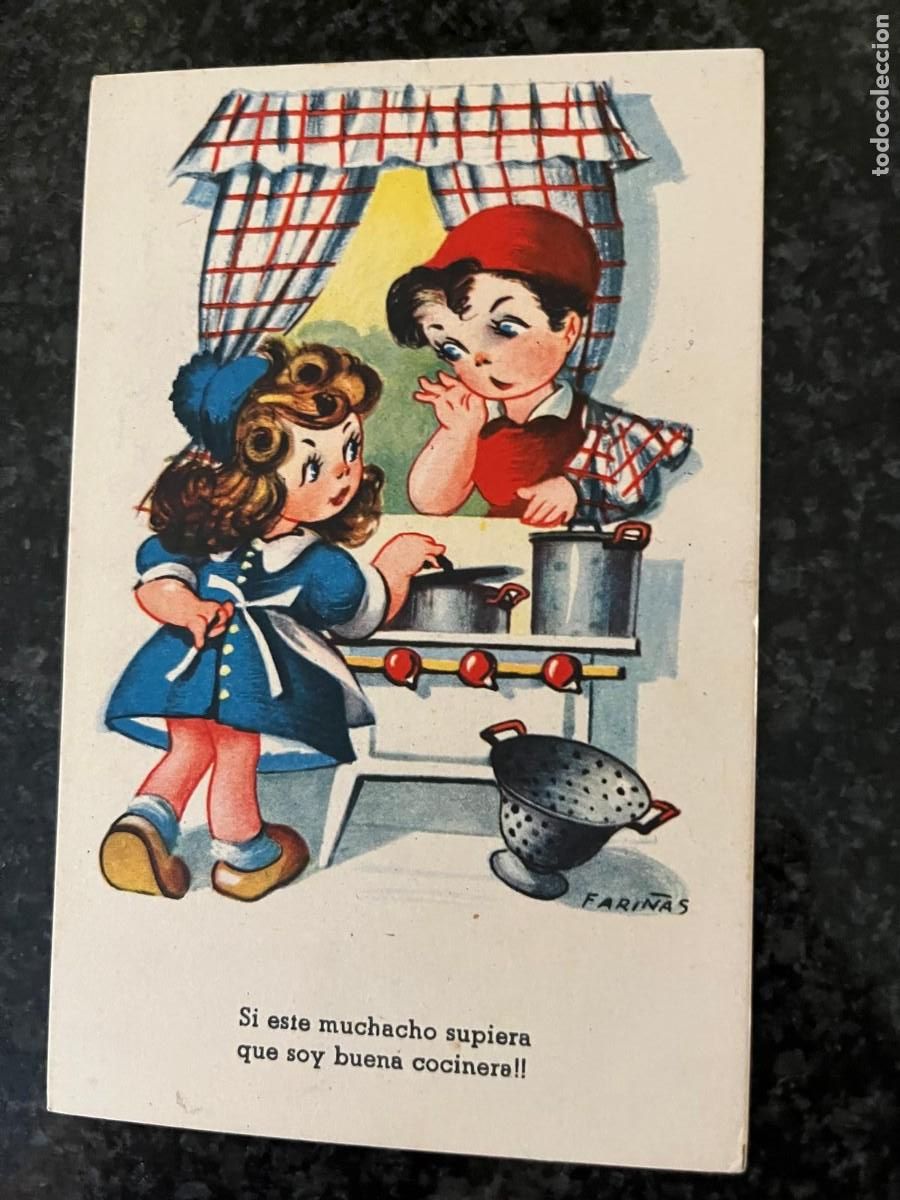 Postales: 2 ni&ntilde;os cocinando dibujo Fari&ntilde;as escrita 1947