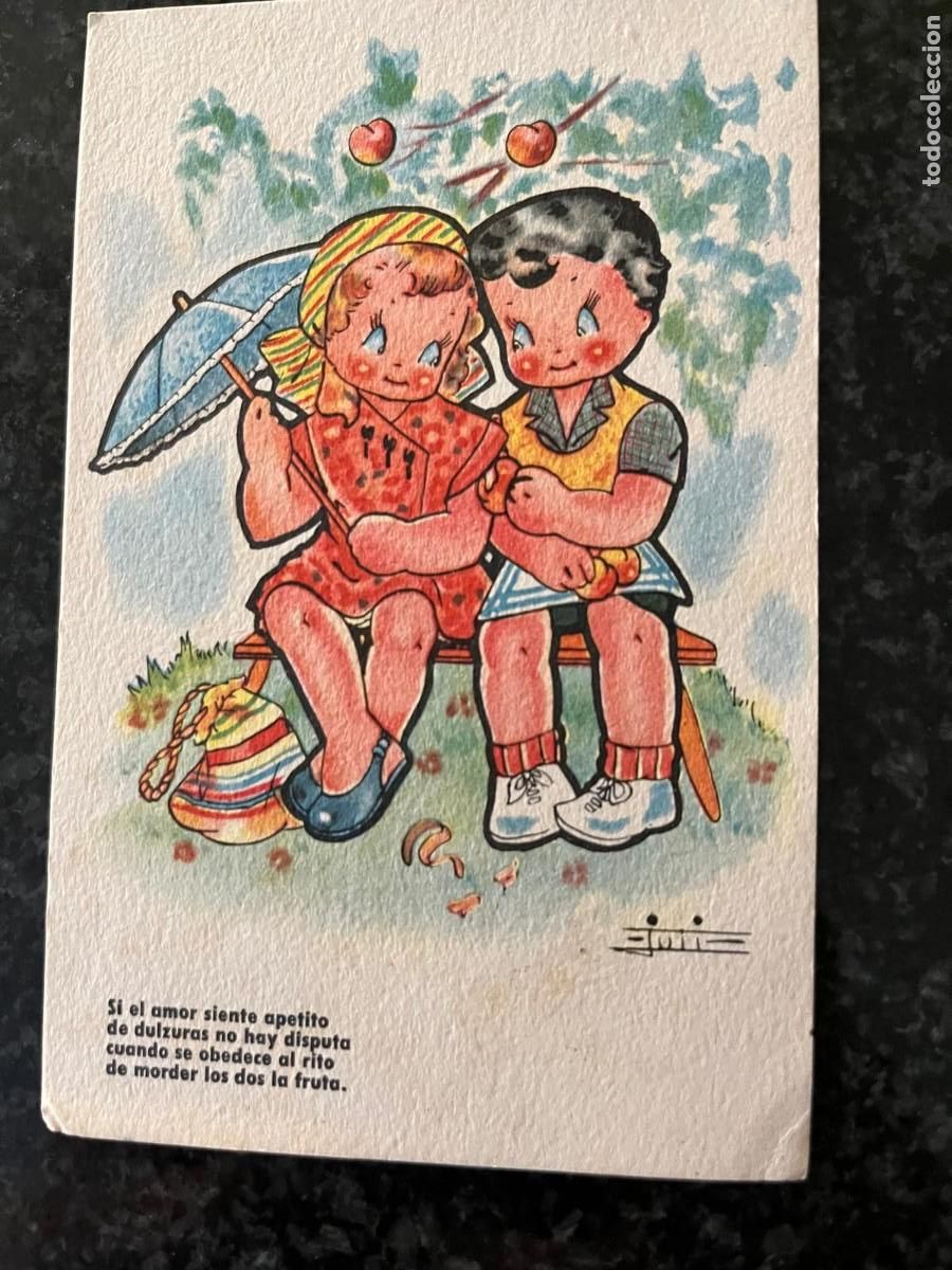 Postales: dos ni&ntilde;os enamorados con un paraguas escrita 1949