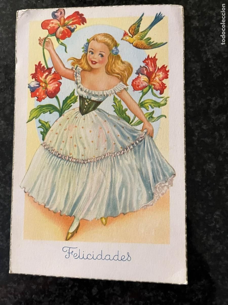 Postales: ni&ntilde;a con p&aacute;jaro y flores felicidades escrita 1954