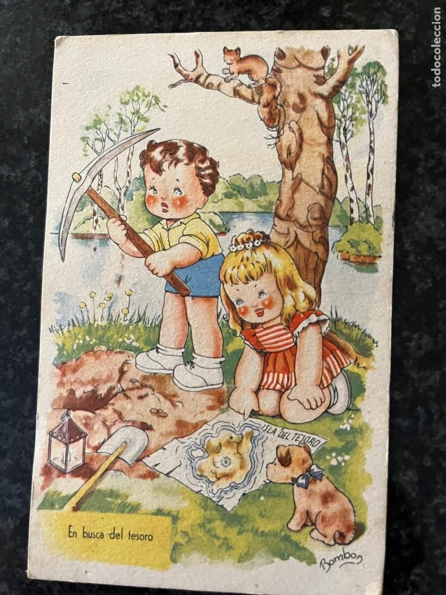 Postales: 2 ni&ntilde;os con un perrito buscando un tesoro Bomb&oacute;n aventuras fant&aacute;sticas escrita