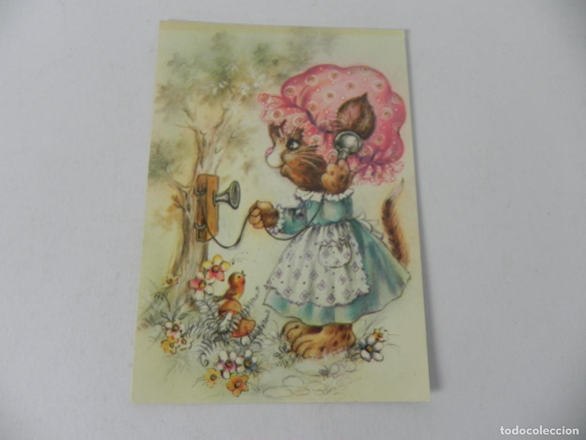 Postales: Postal infantil vintage ilustraci&oacute;n de gato al tel&eacute;fono - Cecami 1333 - Escrita a&ntilde;o 1987