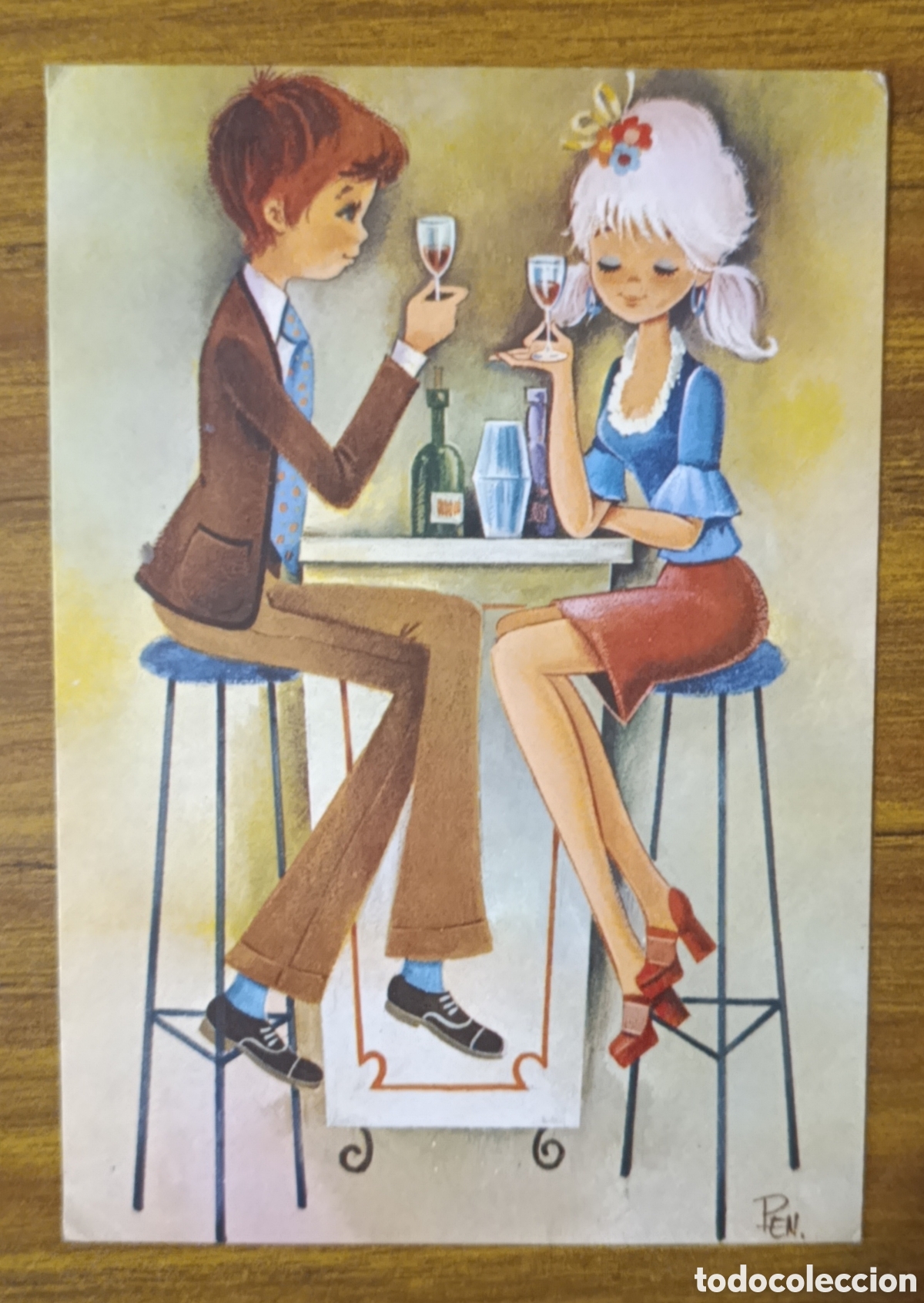 Postales: Postal antigua ilustrada - Pareja en bar/cafeter&iacute;a - Estilo a&ntilde;os 60/70 - Edicromo