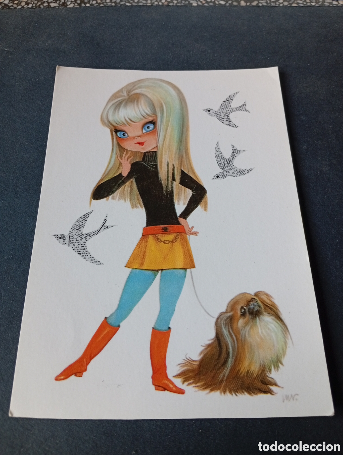 Postales: Postal dibujo chica perro, hippies