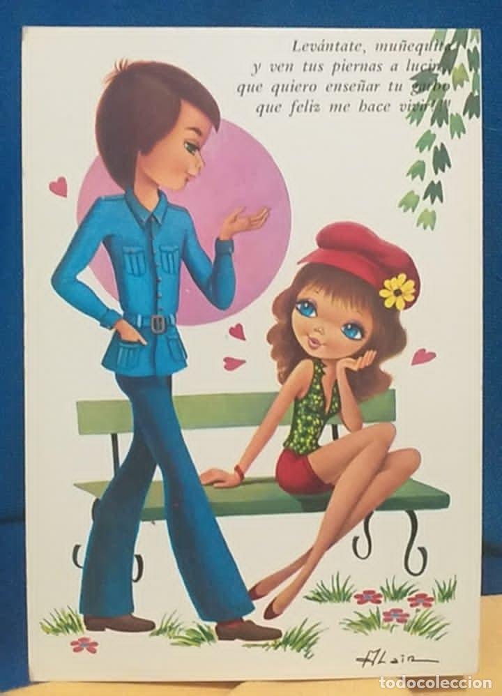 Postales: Postal Ilustrada Pareja Enamorada/ Chica Gorra Roja . Dibujante Alain