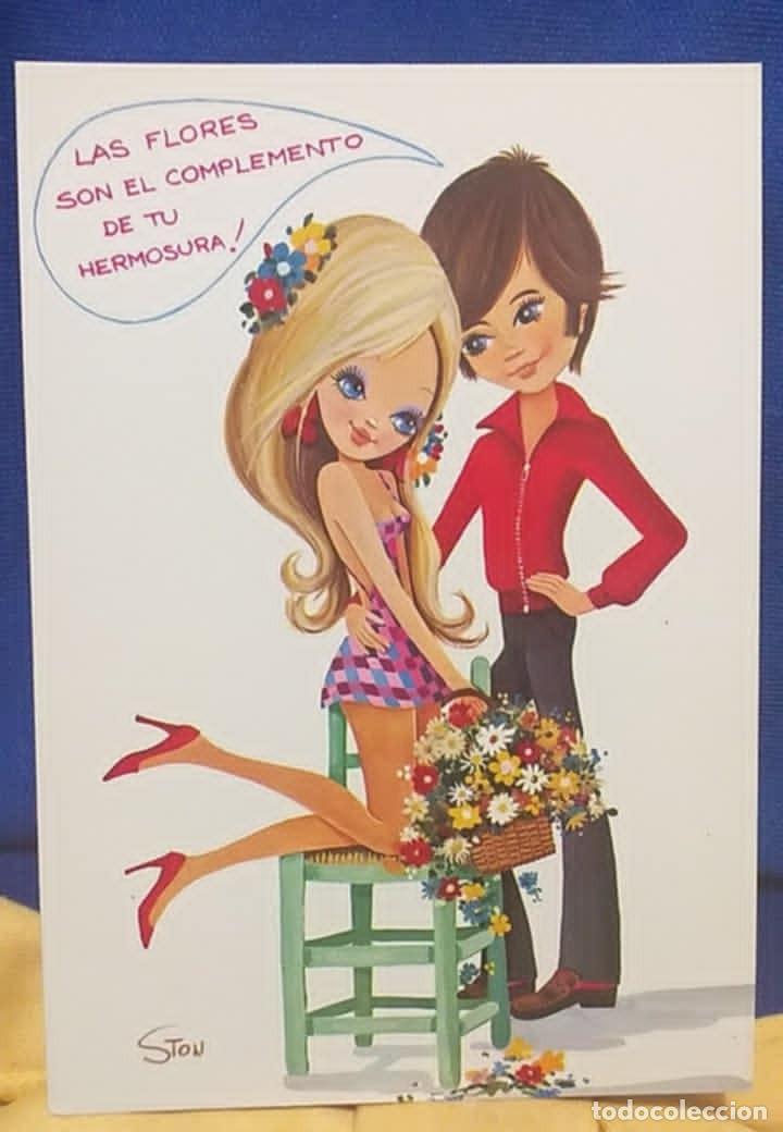 Postales: Postal Ilustrada Pareja Enamorados Flores 1. Dibujante Ston