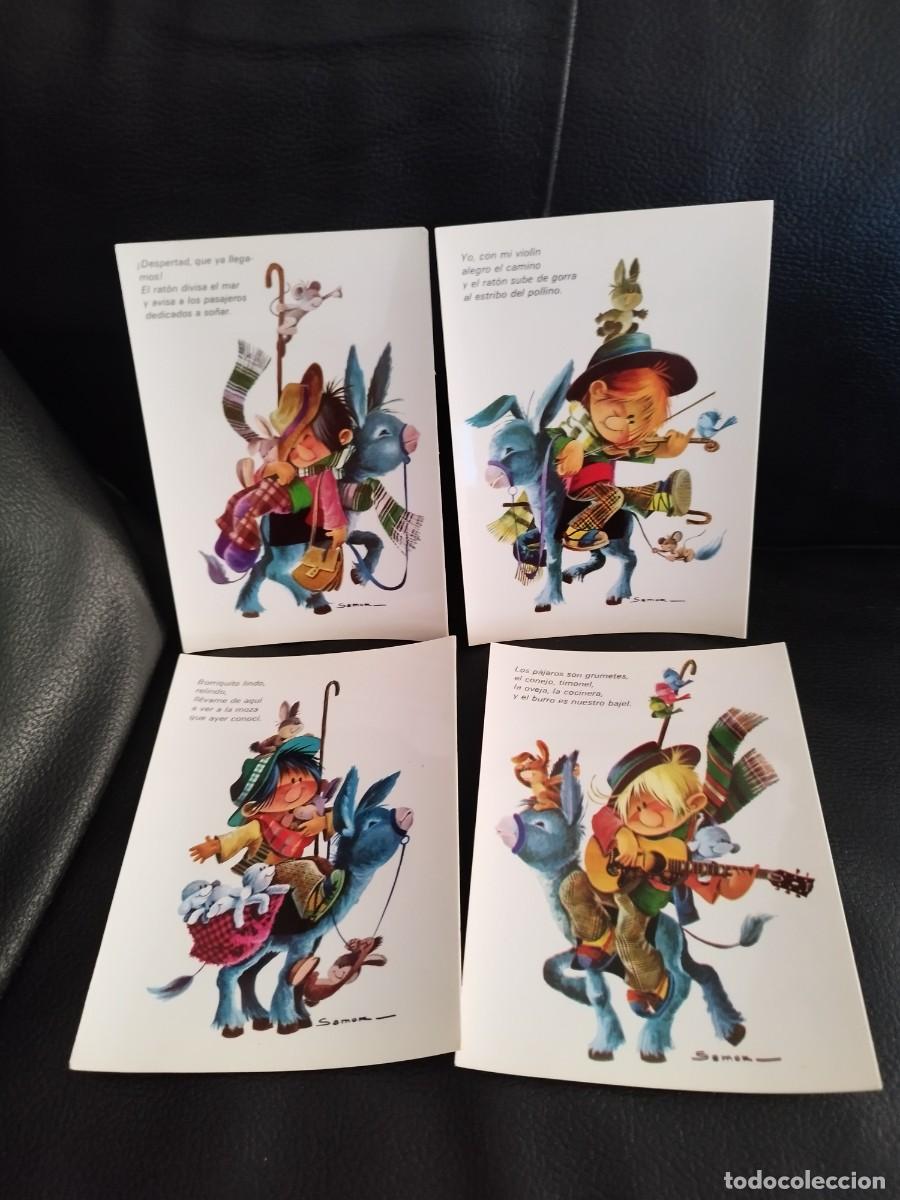 Postales: Coleccion de 4 tarjetas postales con ilustraciones de Samok. Ni&ntilde;o montado en burro. Violin.