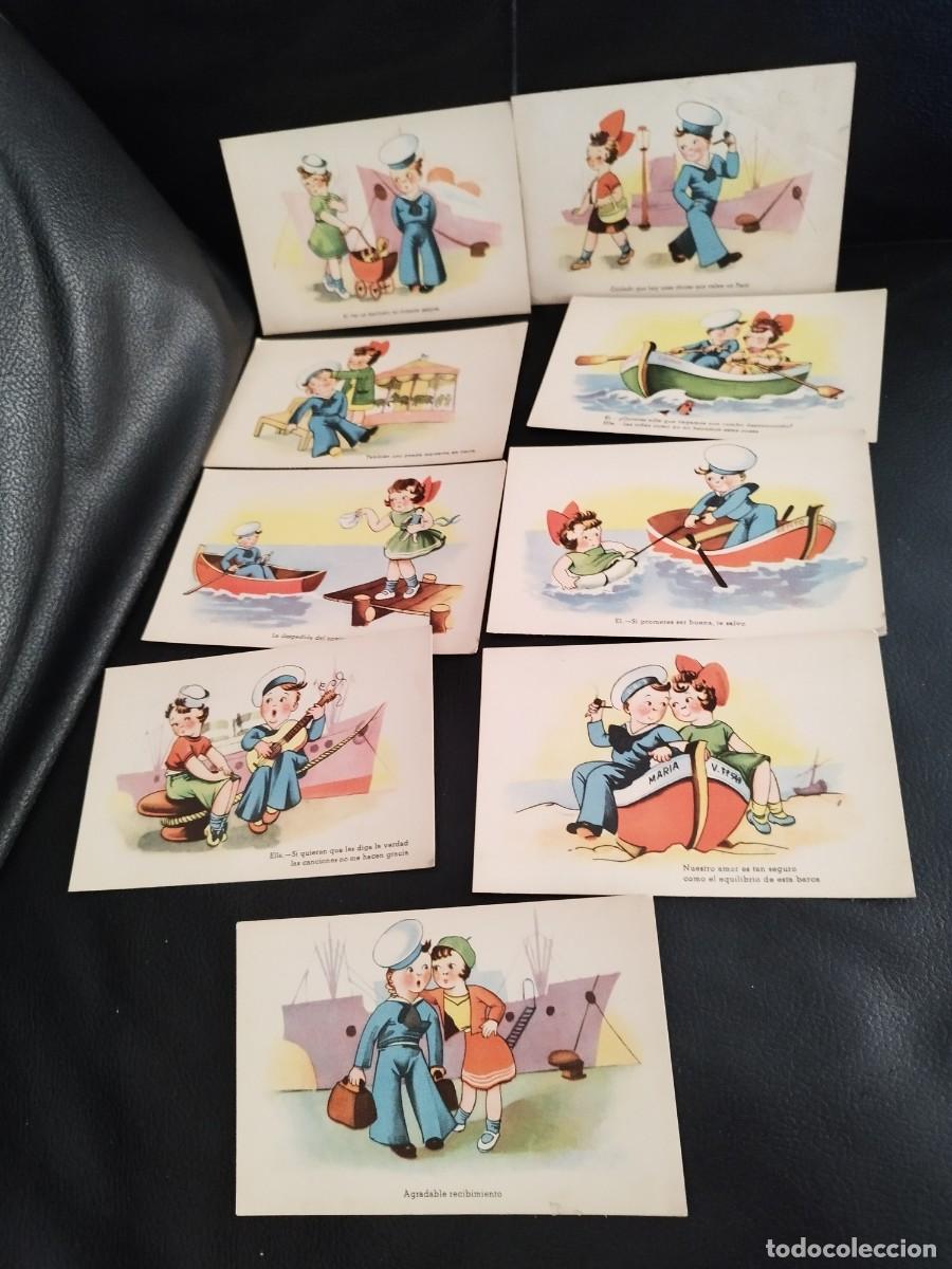 Postales: Coleccion de 9 tarjetas postales con ilustraciones marinero joven y una ni&ntilde;a, frases sentimentales.