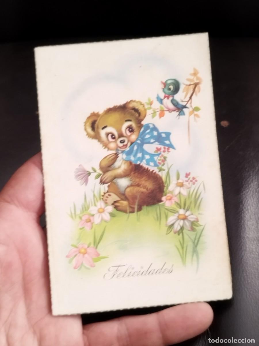 Postales: Antigua tarjeta postal de felicitaciones, con oso de peluche. Escrita.