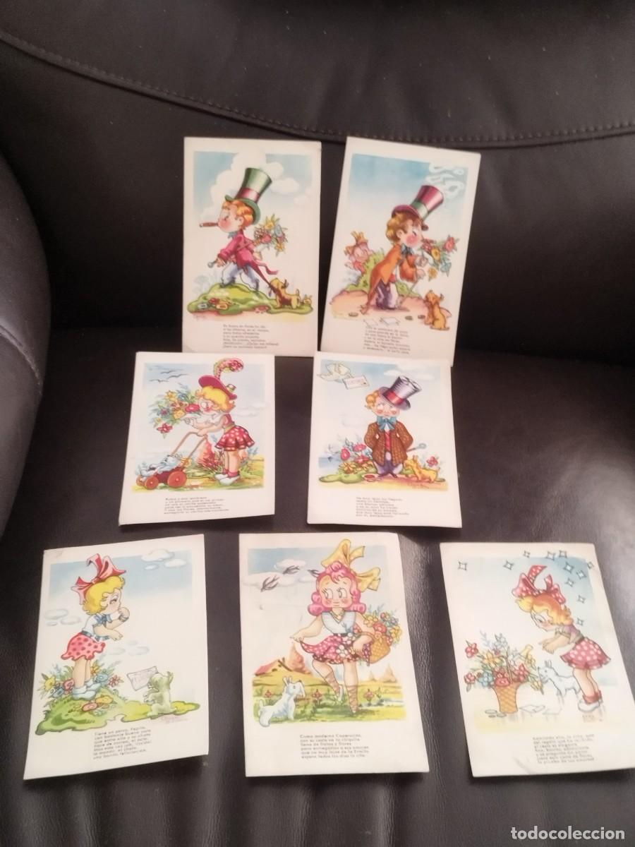 Postales: Colecci&oacute;n 7 antiguas tarjetas postales,ar&iacute;a Claret muestra a la ni&ntilde;a Pepita con un perrito. Vernet