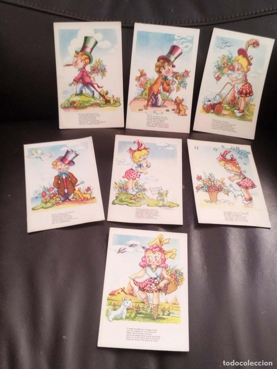 Postales: Colecci&oacute;n 7 antiguas tarjetas postales,ar&iacute;a Claret muestra a la ni&ntilde;a Pepita con un perrito. Vernet