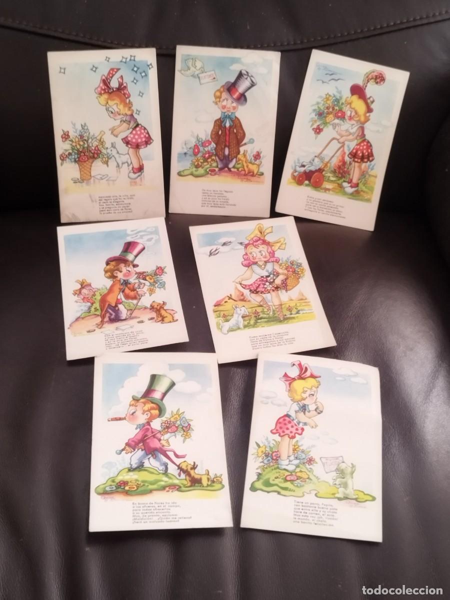 Postales: Colecci&oacute;n 7 antiguas tarjetas postales,ar&iacute;a Claret muestra a la ni&ntilde;a Pepita con un perrito. Vernet
