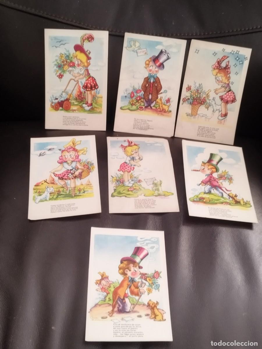 Postales: Colecci&oacute;n 7 antiguas tarjetas postales,ar&iacute;a Claret muestra a la ni&ntilde;a Pepita con un perrito. Vernet